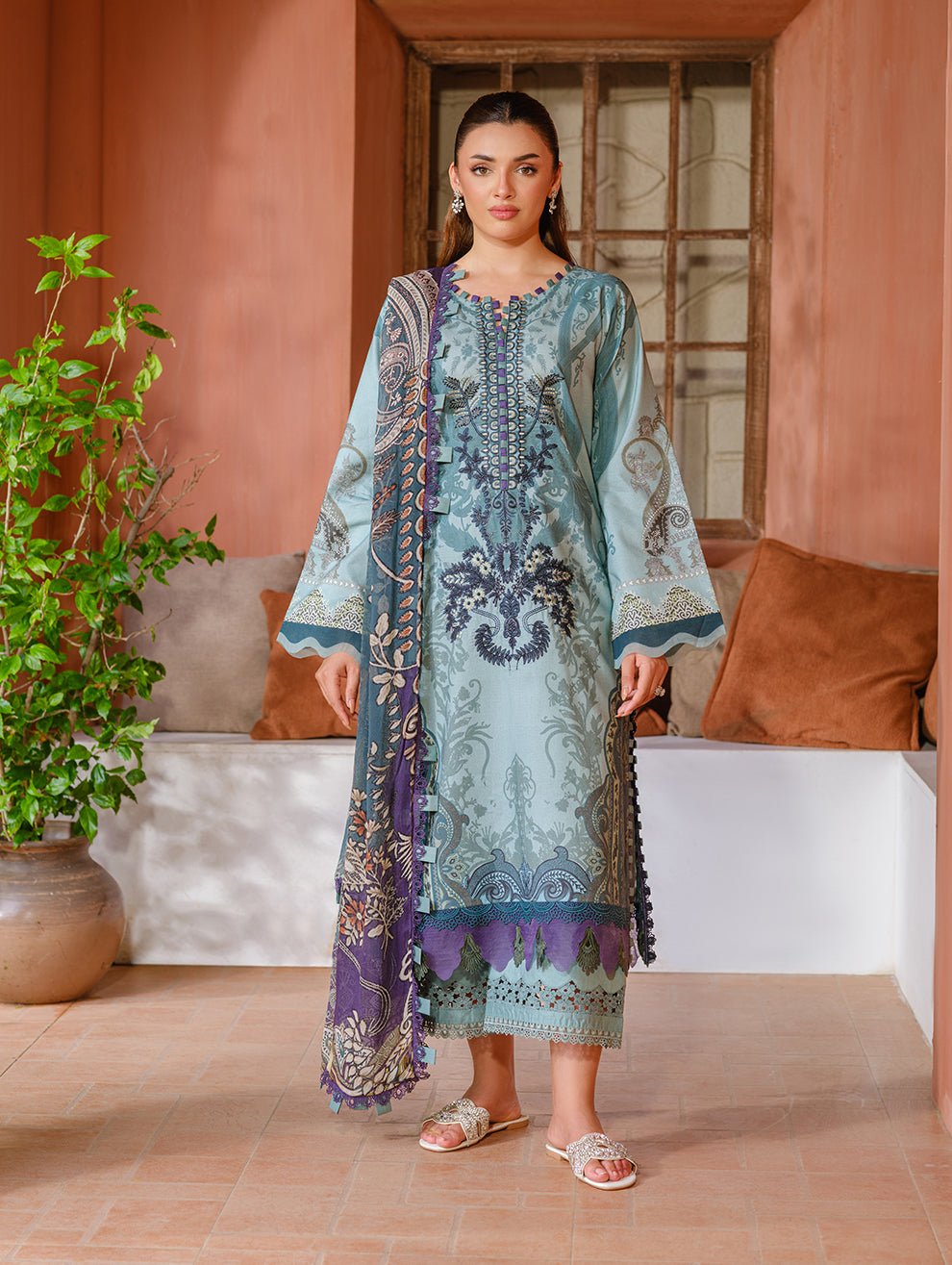 Jade | Cambric 25 | URBANE EMBROIDERED CAMBRIC 25 PG - is Pale Aqua dress from Jade - Ladies Clothes - Maria Faisal