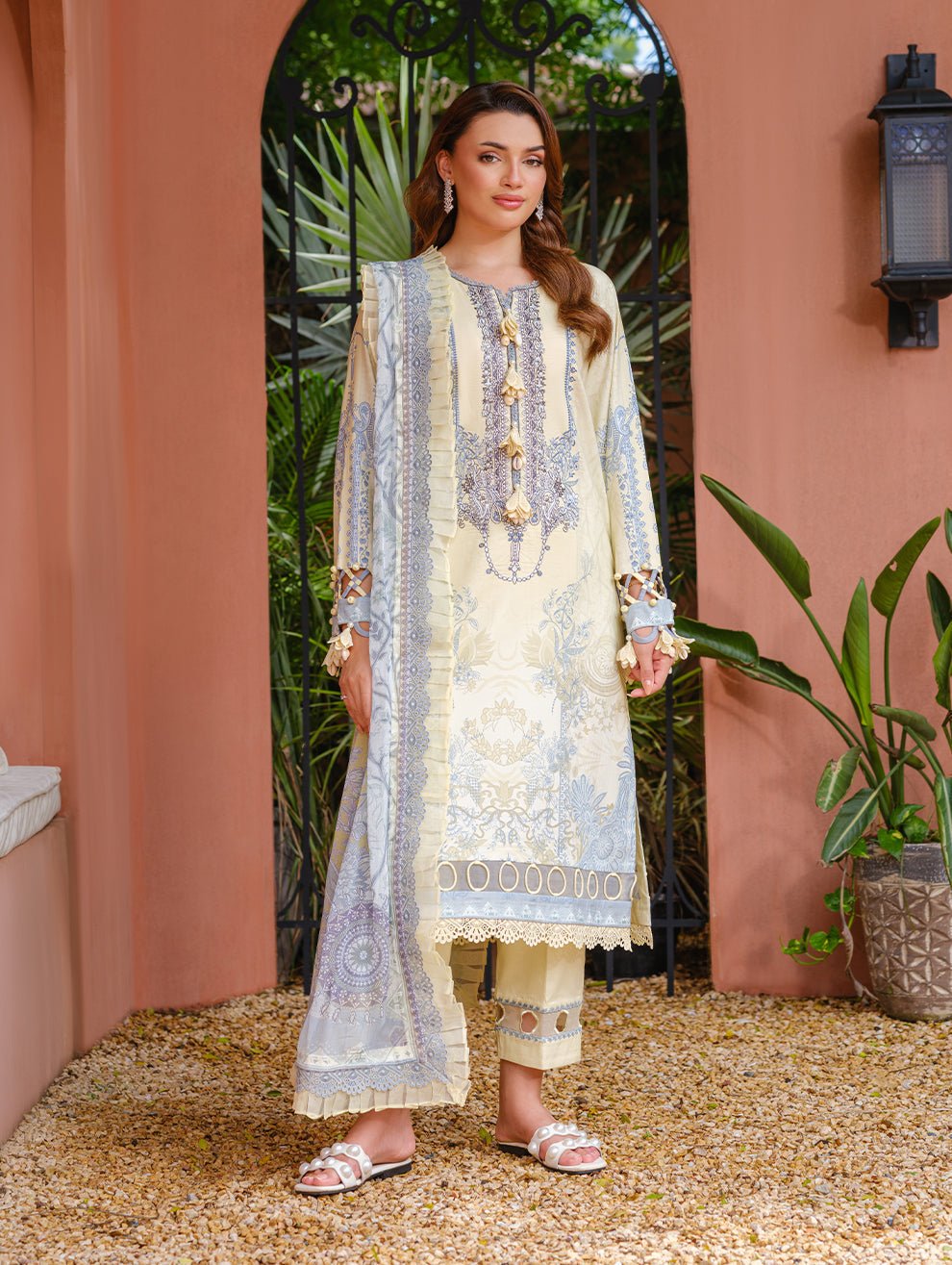 Jade | Cambric 25 | URBANE EMBROIDERED CAMBRIC 25 T - is Pale Yellow dress from Jade - Ladies Clothes - Maria Faisal