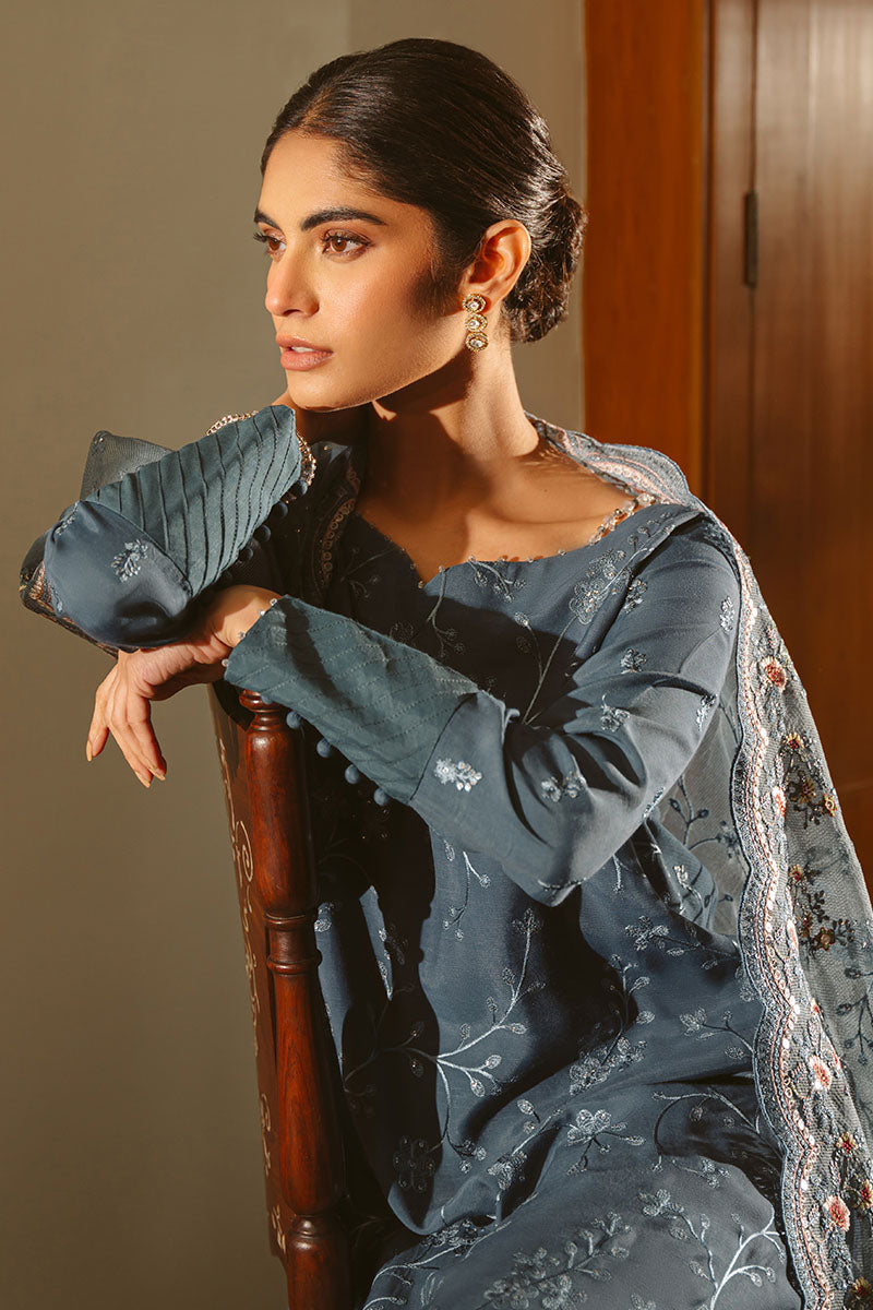 Cross Stitch | SS-25 RTS TO RTW EMB Chiffon ENG EDIT-1 | MAJESTIC TEAL - Luxury Dress - available at Maria Faisal in UK and USA.