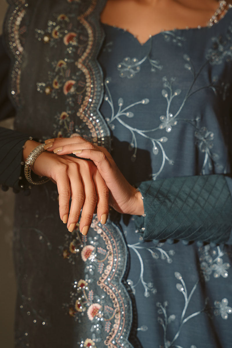 Cross Stitch | SS-25 RTS TO RTW EMB Chiffon ENG EDIT-1 | MAJESTIC TEAL - Luxury Dress - available at Maria Faisal in UK and USA.