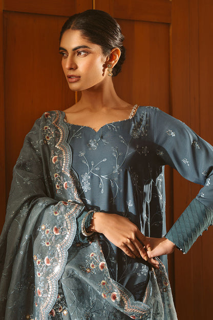 Cross Stitch | SS-25 RTS TO RTW EMB Chiffon ENG EDIT-1 | MAJESTIC TEAL - Luxury Dress - available at Maria Faisal in UK and USA.