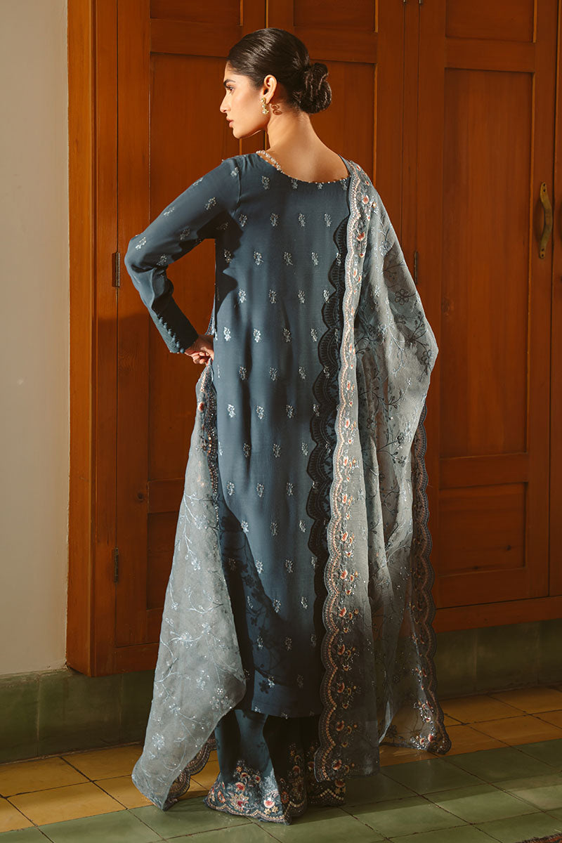 Cross Stitch | SS-25 RTS TO RTW EMB Chiffon ENG EDIT-1 | MAJESTIC TEAL - Luxury Dress - available at Maria Faisal in UK and USA.