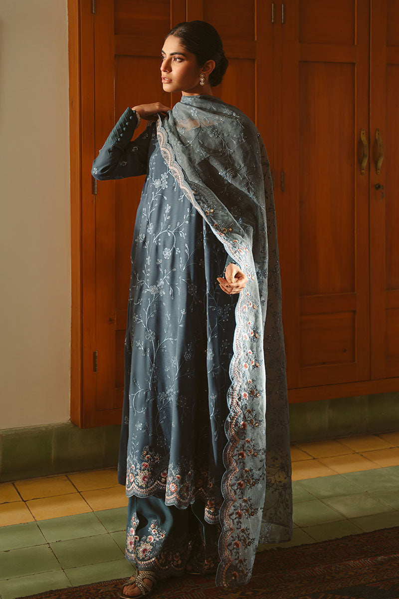 Cross Stitch | SS-25 RTS TO RTW EMB Chiffon ENG EDIT-1 | MAJESTIC TEAL - Luxury Dress - available at Maria Faisal in UK and USA.