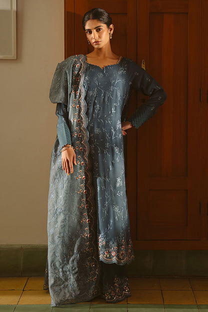 Cross Stitch | SS-25 RTS TO RTW EMB Chiffon ENG EDIT-1 | MAJESTIC TEAL - Luxury Dress - available at Maria Faisal in UK and USA.