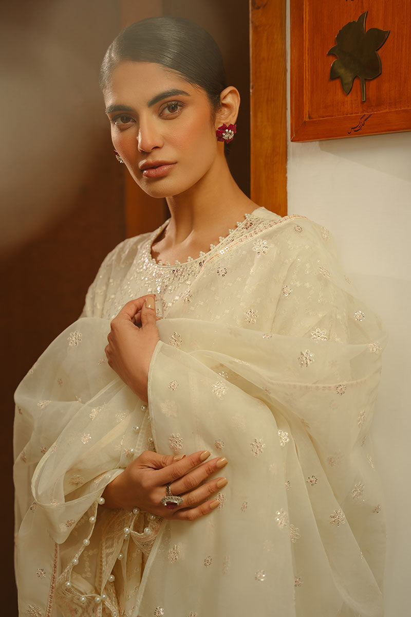 Cross Stitch | SS-25 RTS TO RTW EMB Chiffon ENG EDIT-1 | GENTEL GLAZE - Luxury Dress - available at Maria Faisal in UK and USA.