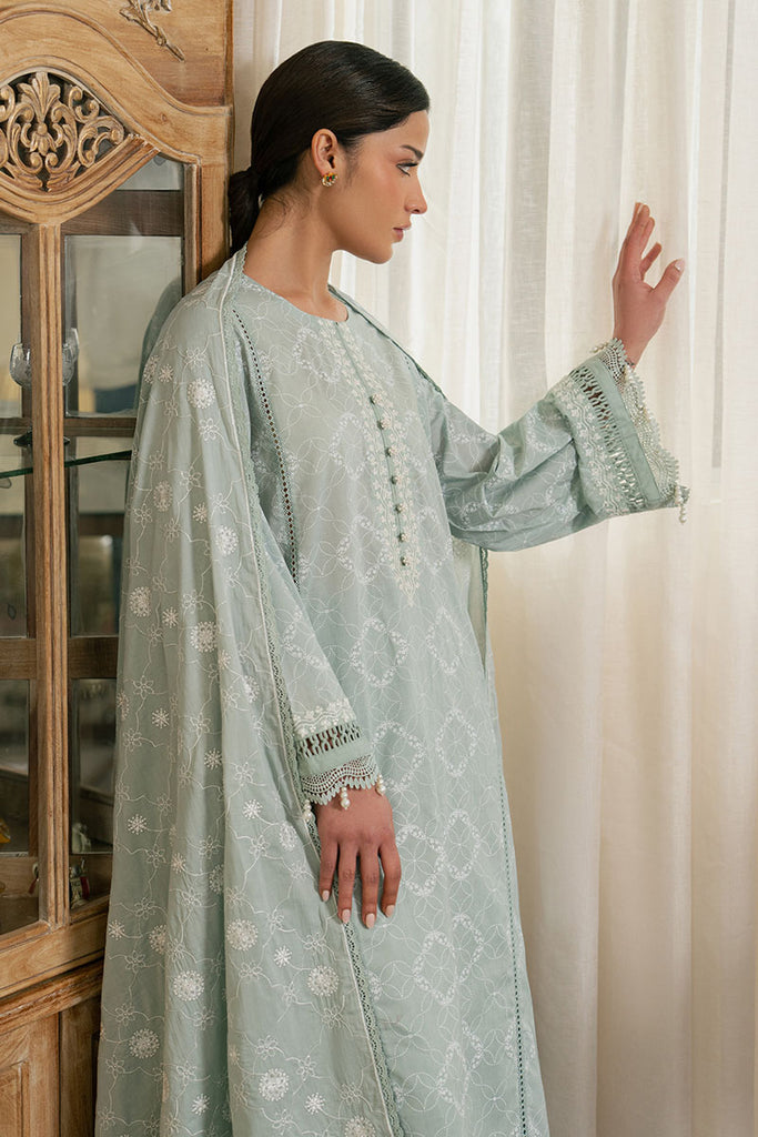 Cross Stitch | Emb Lawn Mahiri 26 | SAGE REVERIE - Luxury Dress - available at Maria Faisal in UK and USA.