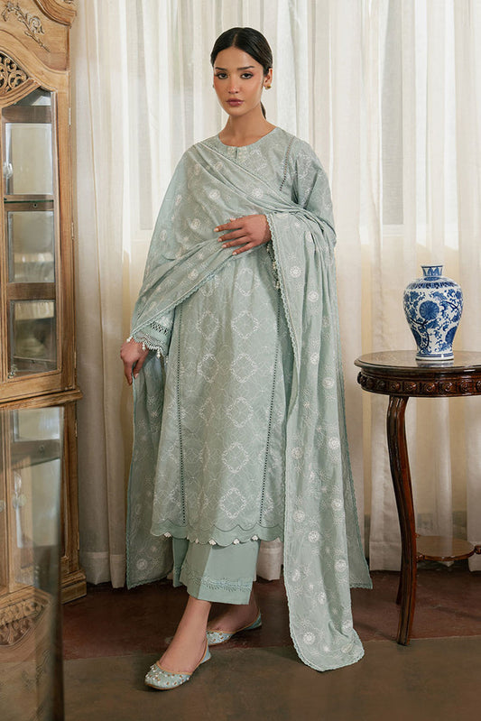 Cross Stitch | Emb Lawn Mahiri 26 | SAGE REVERIE - Luxury Dress - available at Maria Faisal in UK and USA.