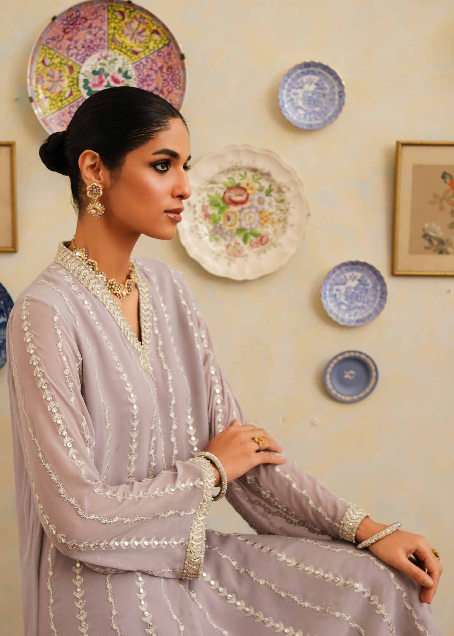Mahgul | Eid Edit 2024 | Lavender Lines - Designer Dress with Intricate embroidery and embellishments. Shop elegent wedding dress at Maria Faisal.