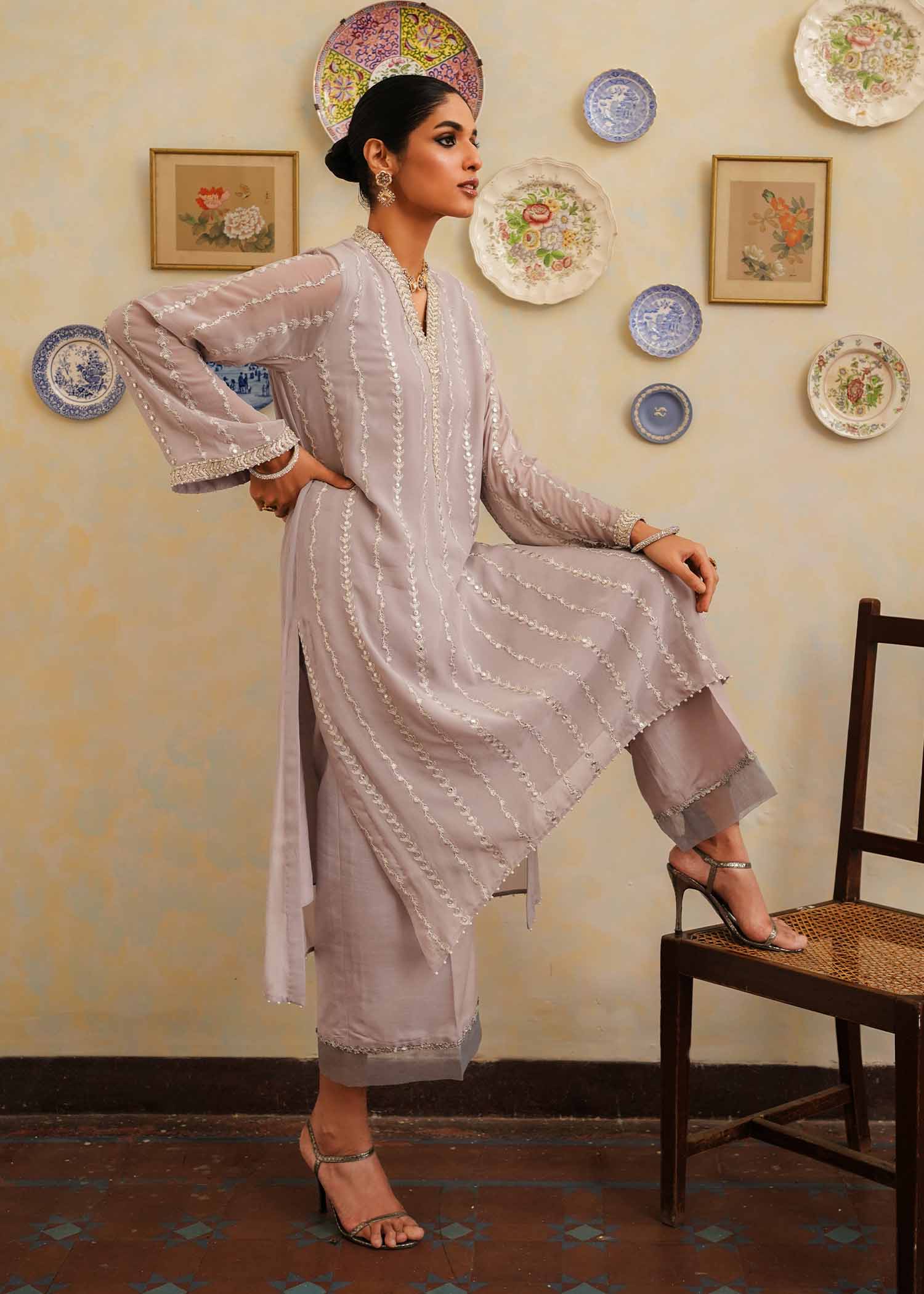 Mahgul | Eid Edit 2024 | Lavender Lines - Designer Dress with Intricate embroidery and embellishments. Shop elegent wedding dress at Maria Faisal.