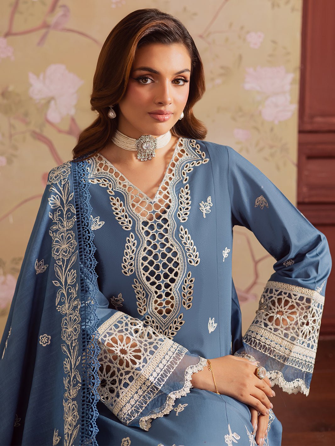 Mahnur | Nova Khaddar 25 | NK - 07 - is Denim Blue dress from Mahnur - Ladies Clothes - Maria Faisal