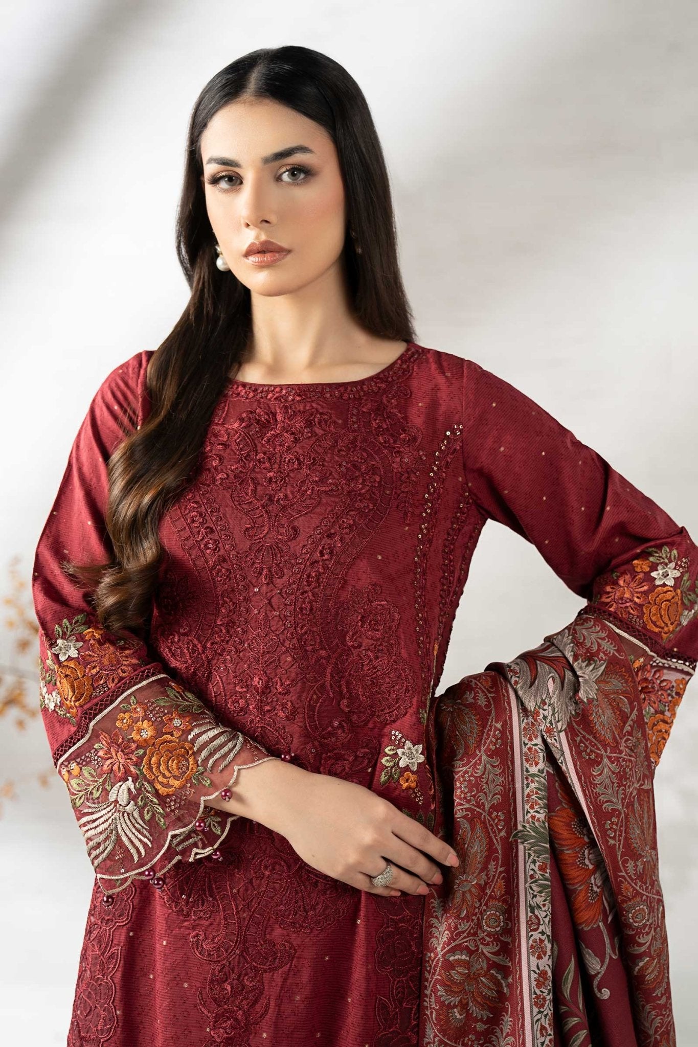 Maria B | Pre fall Dresses | DW - W25 - 06 M - is Maroon dress from Maria B - Ladies Clothes - Maria Faisal