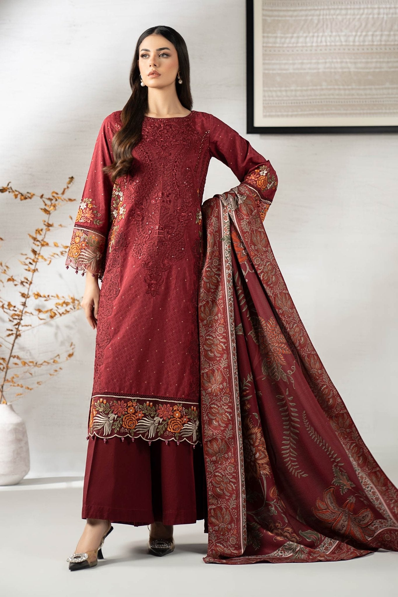 Maria B | Pre fall Dresses | DW - W25 - 06 M - is Maroon dress from Maria B - Ladies Clothes - Maria Faisal