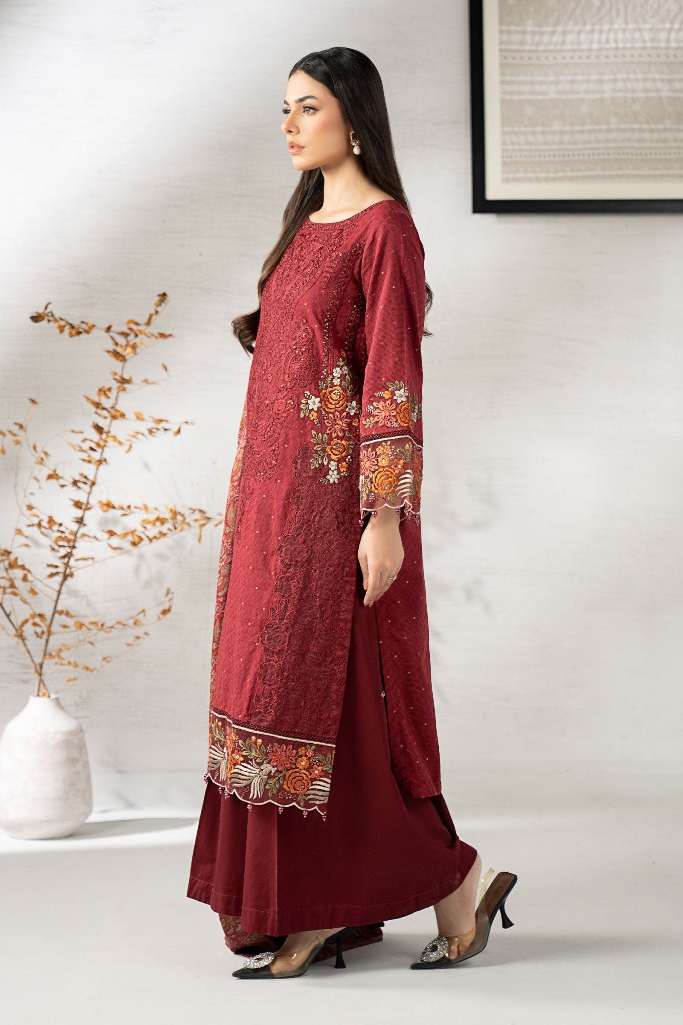 Maria B | Pre fall Dresses | DW - W25 - 06 M - is Maroon dress from Maria B - Ladies Clothes - Maria Faisal