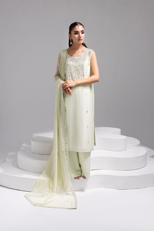 Amani | Aira Festive Wear | SOLEA Hand Embroidered Mint Butter Silk Shirt with Viscose Pants & Mukesh Dupatta - Ladies Clothes - Maria Faisal