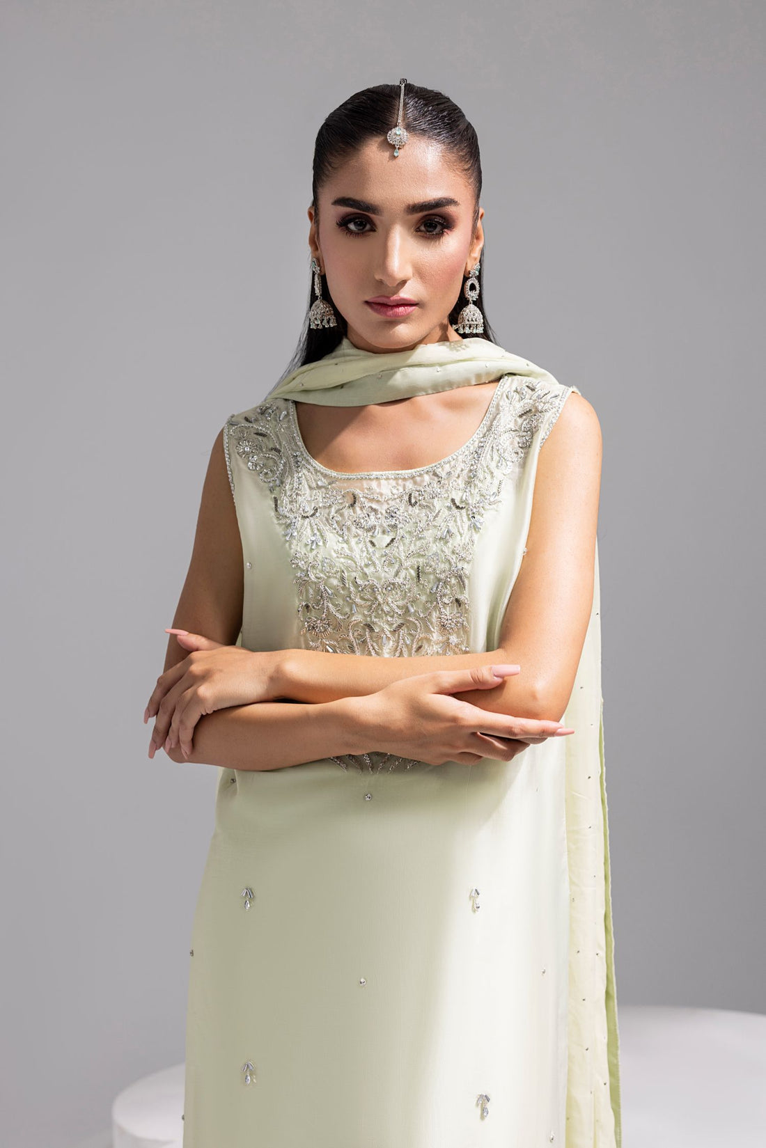 Amani | Aira Festive Wear | SOLEA Hand Embroidered Mint Butter Silk Shirt with Viscose Pants & Mukesh Dupatta - Ladies Clothes - Maria Faisal