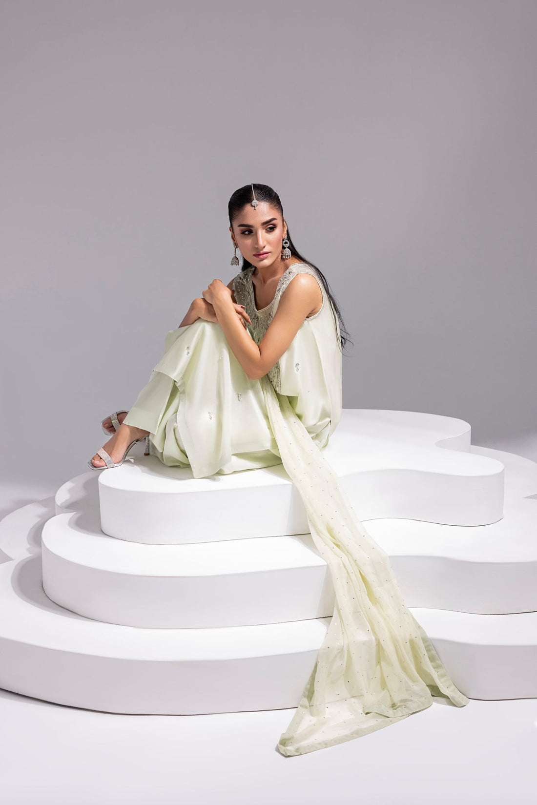 Amani | Aira Festive Wear | SOLEA Hand Embroidered Mint Butter Silk Shirt with Viscose Pants & Mukesh Dupatta - Ladies Clothes - Maria Faisal
