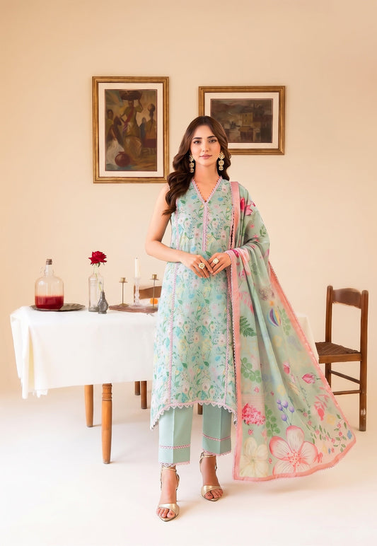 Faiza Faisal | FNF Printed Lawn | MINT DAISY - Casual Dress - available at Maria Faisal in UK and USA.