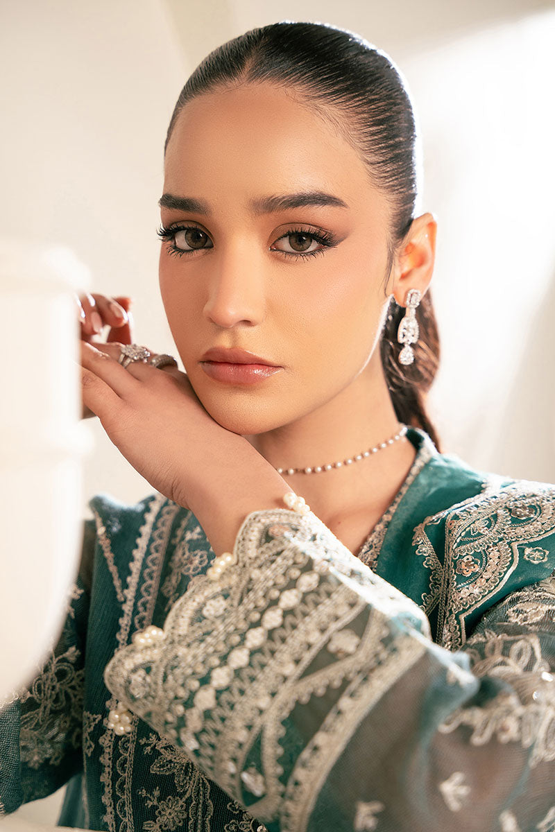 Cross Stitch | SS-25 RTS TO RTW EMB Chiffon ENG EDIT-2 | NORTH SEA - Luxury Dress - available at Maria Faisal in UK and USA.