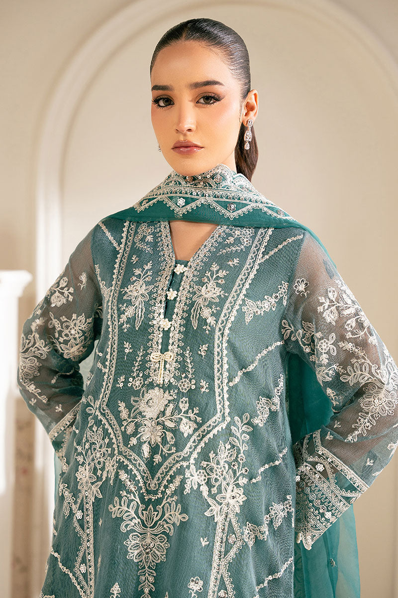 Cross Stitch | SS-25 RTS TO RTW EMB Chiffon ENG EDIT-2 | NORTH SEA - Luxury Dress - available at Maria Faisal in UK and USA.