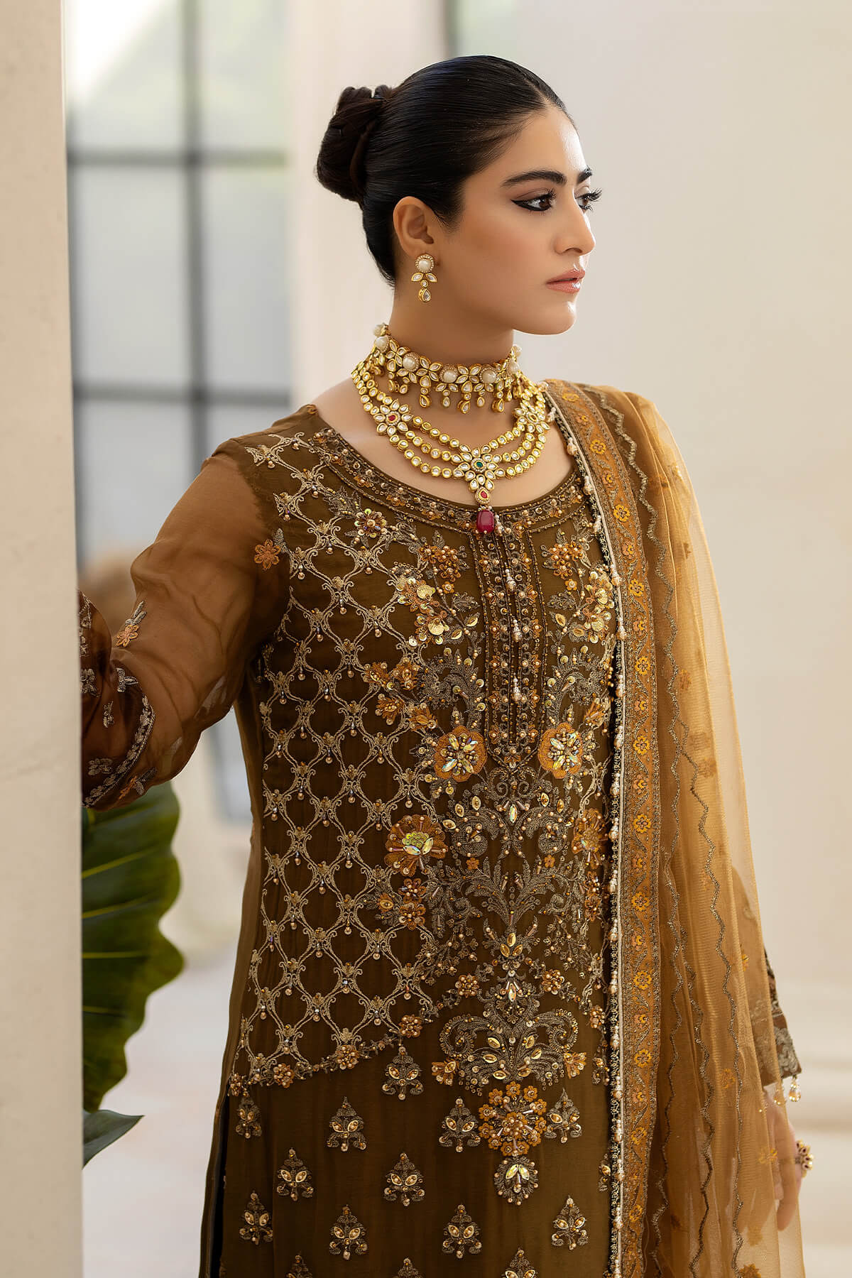 Raeesa Premium | Dehleez Formals | DL-1014 Imperial Brew - Designer Dress with Intricate embroidery and embellishments. Shop elegent wedding dress at Maria Faisal.