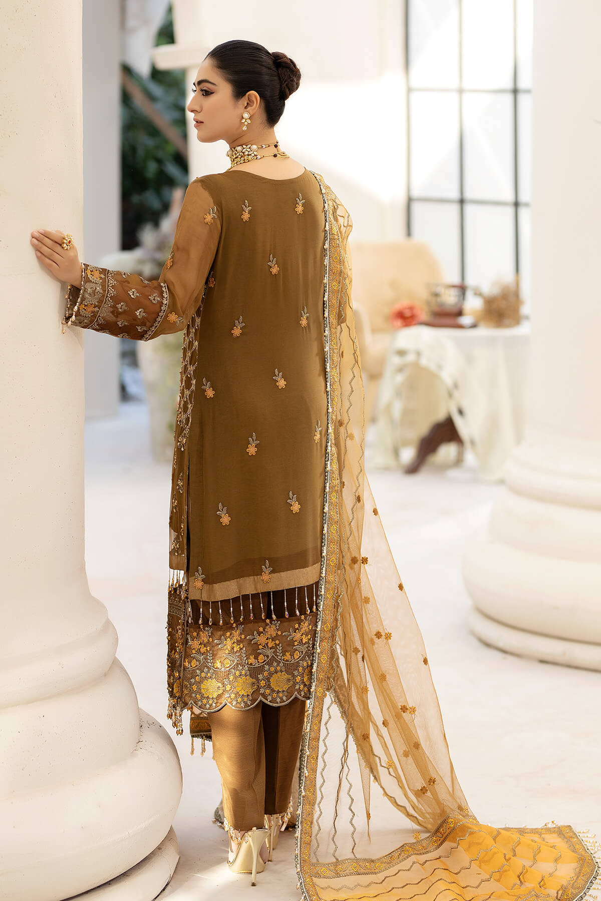 Raeesa Premium | Dehleez Formals | DL-1014 Imperial Brew - Designer Dress with Intricate embroidery and embellishments. Shop elegent wedding dress at Maria Faisal.
