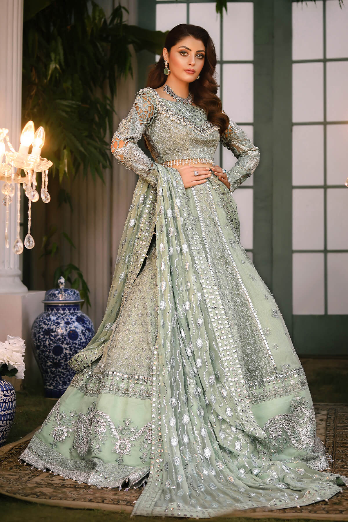 Raeesa Premium | Wajadan Wedding Formals | WD-2 Pea Green - Designer Dress with Intricate embroidery and embellishments. Shop elegent wedding dress at Maria Faisal.