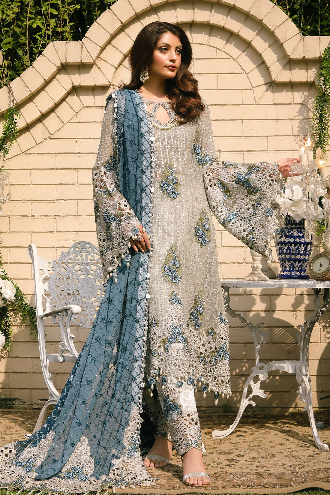Raeesa Premium | Wajadan Wedding Formals | WD-5 Silver Grey - Designer Dress with Intricate embroidery and embellishments. Shop elegent wedding dress at Maria Faisal.