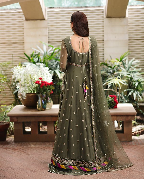 Roheenaz | Aangan Chiffon Collection 25 | Mehwar - is Olive Green dress from Roheenaz - Ladies Clothes - Maria Faisal