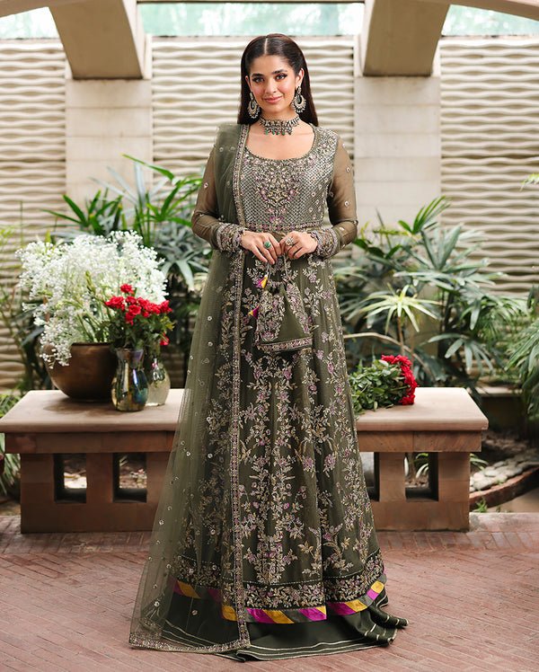 Roheenaz | Aangan Chiffon Collection 25 | Mehwar - is Olive Green dress from Roheenaz - Ladies Clothes - Maria Faisal