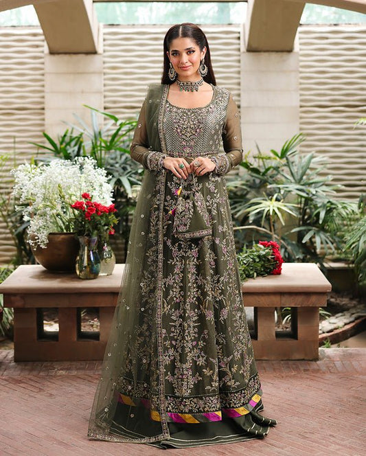 Roheenaz | Aangan Chiffon Collection 25 | Mehwar - is Olive Green dress from Roheenaz - Ladies Clothes - Maria Faisal