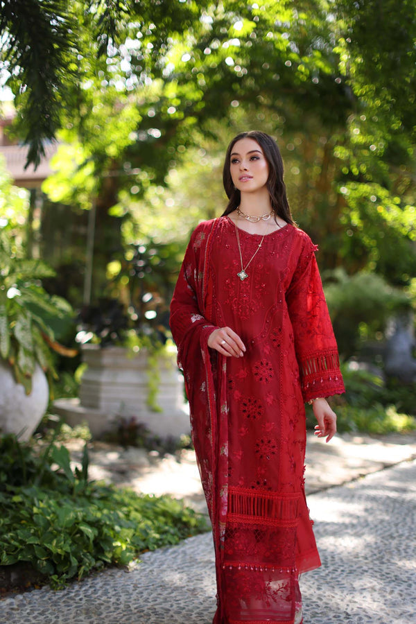 Noor by Saadia Asad | Luxury Chikankari Lawn24 | D2-B Red - Ladies Clothes - Maria Faisal
