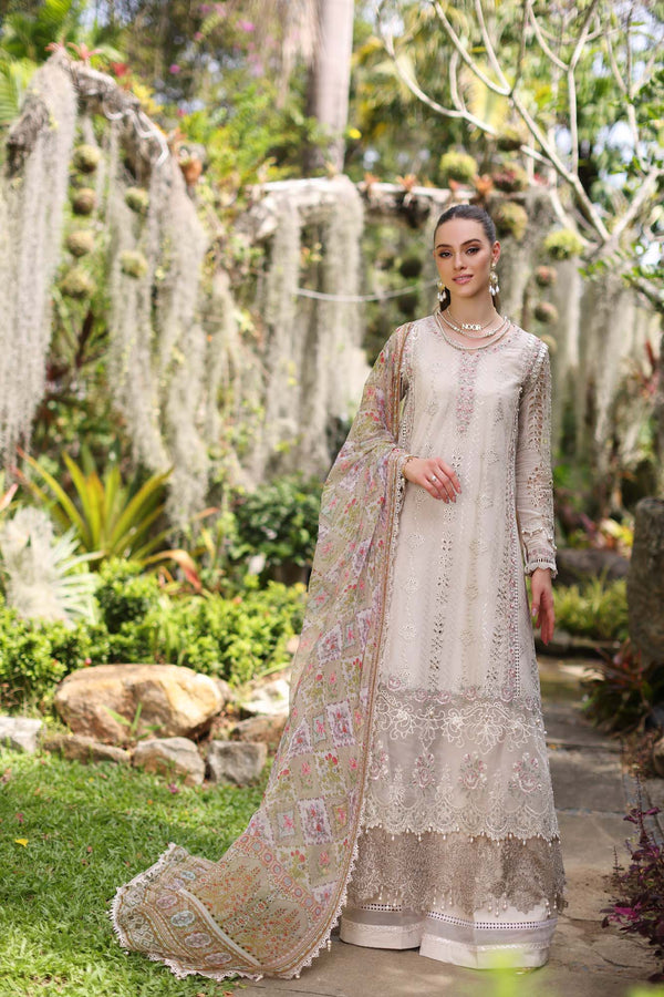 Noor by Saadia Asad | Luxury Chikankari Lawn24 | D3-B Beige Schifli - Ladies Clothes - Maria Faisal