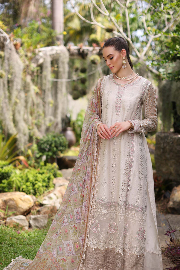Noor by Saadia Asad | Luxury Chikankari Lawn24 | D3-B Beige Schifli - Ladies Clothes - Maria Faisal