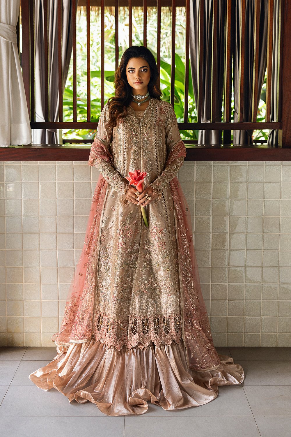 Gold Zari Tissue Formal Open Gown With Flared Lehnga – Maria Faisal