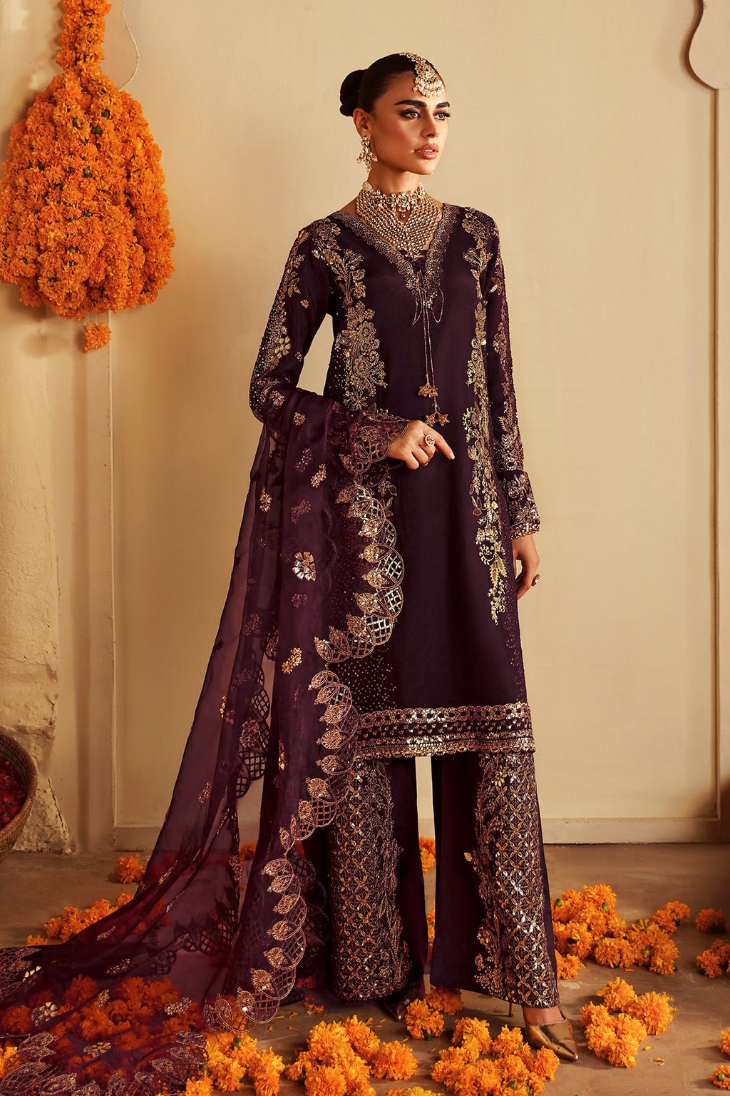 Shagna | Premium Raw Silk | Khusbhu S - 06 - is Wine Berry dress from Shagna - Ladies Clothes - Maria Faisal