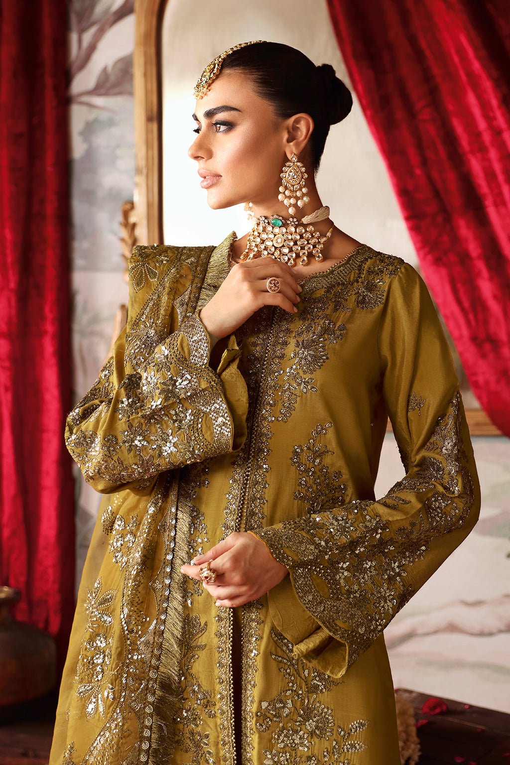 Shagna | Premium Raw Silk | Maya S - 07 - is Olive Green dress from Shagna - Ladies Clothes - Maria Faisal