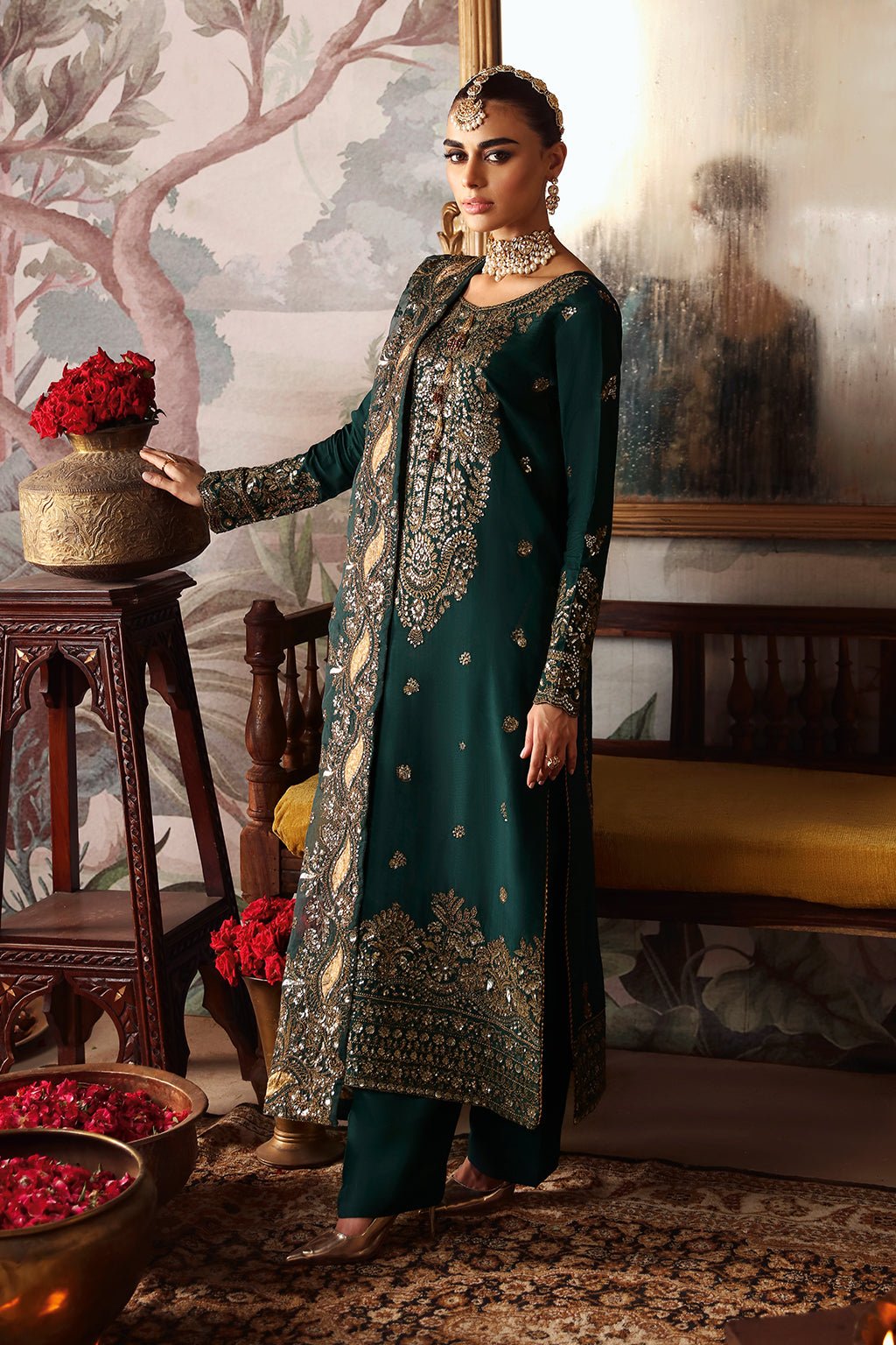 Shagna | Premium Raw Silk | Zaib S - 03 - is Dark Green dress from Shagna - Ladies Clothes - Maria Faisal